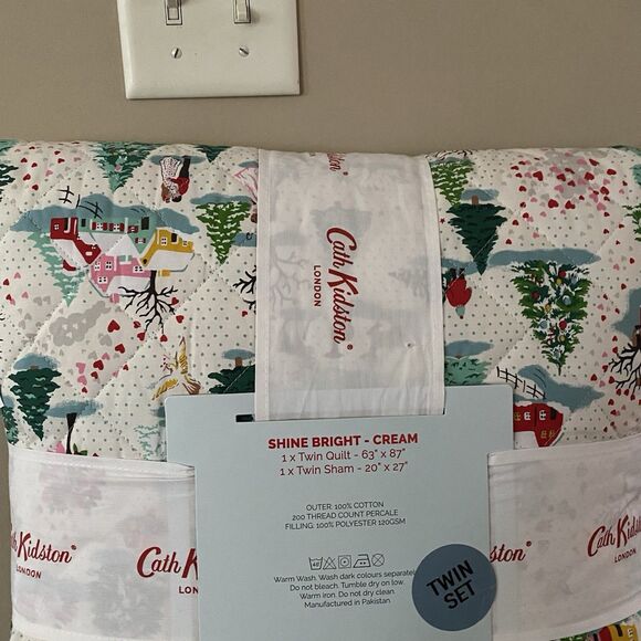Cath Kidston London Cotton Christmas SHINE BRIGHT Cream Twin Quilt & Sham NWT - Picture 4 of 7